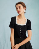 Sueña Siyah Kare Yaka Nervürlü Dantel Detaylı Örgü Tişört