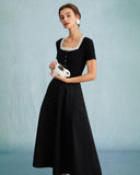 Sueña Siyah Kare Yaka Nervürlü Dantel Detaylı Örgü Tişört