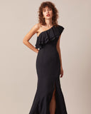 Sueña™ Siyah Tek Omuzlu Volanlı Maxi Elbise