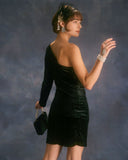 Sueña™ Siyah Tek Omuz Simli Kadife Mini Elbise