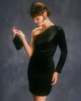 Sueña™ Siyah Tek Omuz Simli Kadife Mini Elbise