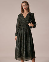 Sueña™ Siyah V Yaka Büzgülü Üst Üste Gelen Midi Elbise