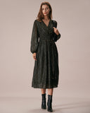 Siyah V Yakalı Büzgülü Üst Üste Binen Midi Elbise