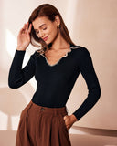 Sueña™ Siyah Yaka Dikişli Blok Renkli Örgü Üst