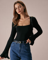 Sueña™ Siyah Kare Yaka Yırtmaçlı Geniş Kol Tişört