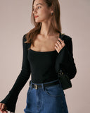 Sueña™ Siyah Kare Yaka Yırtmaçlı Geniş Kol Tişört