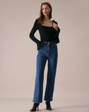 Sueña™ Siyah Kare Yaka Yırtmaçlı Geniş Kol Tişört