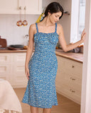 Sueña™ Mavi Çiçekli Fırfırlı Midi Elbise