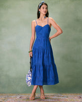 Sueña Mavi Kalp Yaka Nakışlı Slip Midi Elbise