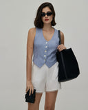 Sueña™ Mavi V Yaka Düğmeli Yelek