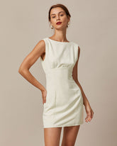 Sueña™ Bej Kayık Yaka Sırtı Fiyonklu Mini Elbise