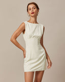 Sueña™ Bej Kayık Yaka Sırtı Fiyonklu Mini Elbise