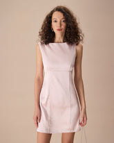 Sueña™ Pembe Kayık Yaka Fiyonklu Saten Mini Elbise