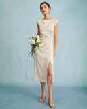 Sueña Kayısı Saten Kap Kol Kılıf Yırtmaçlı Midi Elbise