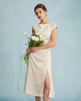 Sueña Kayısı Saten Kap Kol Kılıf Yırtmaçlı Midi Elbise