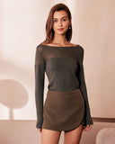 Sueña Ordu Yeşili Kayık Yaka Transparan Triko Üst