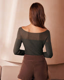 Sueña Ordu Yeşili Kayık Yaka Transparan Triko Üst