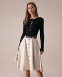 Sueña™ Siyah Kayık Yaka Fiyonklu Önü Örgü Üst