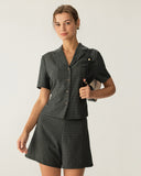 Sueña™ Gri Yaka Ekose Kısa Kollu Bluz