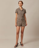 Sueña™ Kahverengi Yaka Ekose Kısa Kollu Bluz