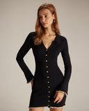 Sueña™ Siyah V Yaka Kontrast Detaylı Triko Mini Elbise