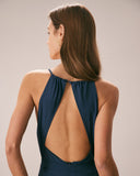 Sueña Lacivert Dekolteli Sırtı Dekolteli Uzun Elbise