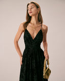 Sueña™ Siyah Çiçek Floklu File Yırtmaçlı Maxi Elbise