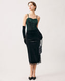 Sueña™ Yeşil Kalp Yaka Kadife Crop Cami Üst