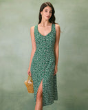 Sueña Yeşil V Yaka Çiçek Düğmeli Midi Elbise