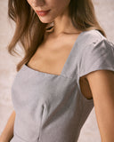 Sueña™ Gri Kare Yaka Kap Kol Mini Elbise