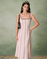 Sueña™ Haki Kare Yaka Kontrast Midi Elbise