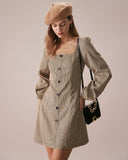 Sueña™ Haki Kare Yaka Ekose Düğmeli Mini Elbise