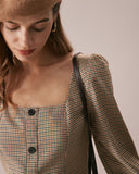 Sueña™ Haki Kare Yaka Ekose Düğmeli Mini Elbise