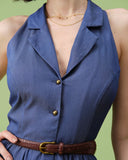 Sueña Mavi Yaka Tunik Kolsuz Midi Elbise