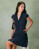 Sueña™ Lacivert Yaka Kap Kol Düğmeli Mini Elbise