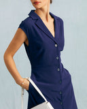 Sueña Lacivert V Yaka Düğmeli Kap Kol Midi Elbise