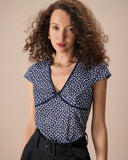 Sueña™ Lacivert V Yaka Çiçekli İlmek Tişört