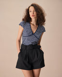 Sueña™ Lacivert V Yaka Çiçekli İlmek Tişört