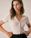 Sueña Ten Rengi V Yaka Düğmeli Pointelle Örgü Tişört