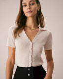 Sueña Ten Rengi V Yaka Düğmeli Pointelle Örgü Tişört