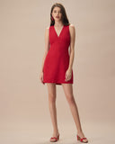 Sueña Kırmızı V Yaka Kolsuz Keten Mini Elbise