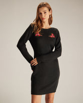 Sueña™ Siyah Yuvarlak Yaka Nakışlı Mini Elbise