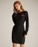 Sueña™ Siyah Yuvarlak Yaka Nakışlı Mini Elbise