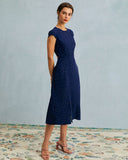 Sueña Lacivert Yuvarlak Yaka Puantiyeli Midi Elbise