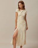 Sueña Sarı Yuvarlak Yaka Çiçekli Midi Elbise