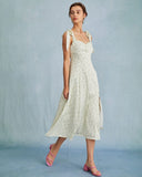 Sueña™ Açık Yeşil Saten Çiçek Kravat Askılı Yırtmaçlı Midi Elbise