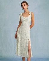 Sueña™ Açık Yeşil Saten Çiçek Kravat Askılı Yırtmaçlı Midi Elbise