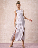 Sueña™ Gümüş Kayık Yaka Çiçekli Saten Maxi Elbise