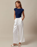 Sueña™ Mavi Kayık Yaka Fitilli Kap Kol Örgü Tişört