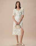 Sueña™ Beyaz Kare Yaka Fırfırlı Çiçekli Midi Elbise